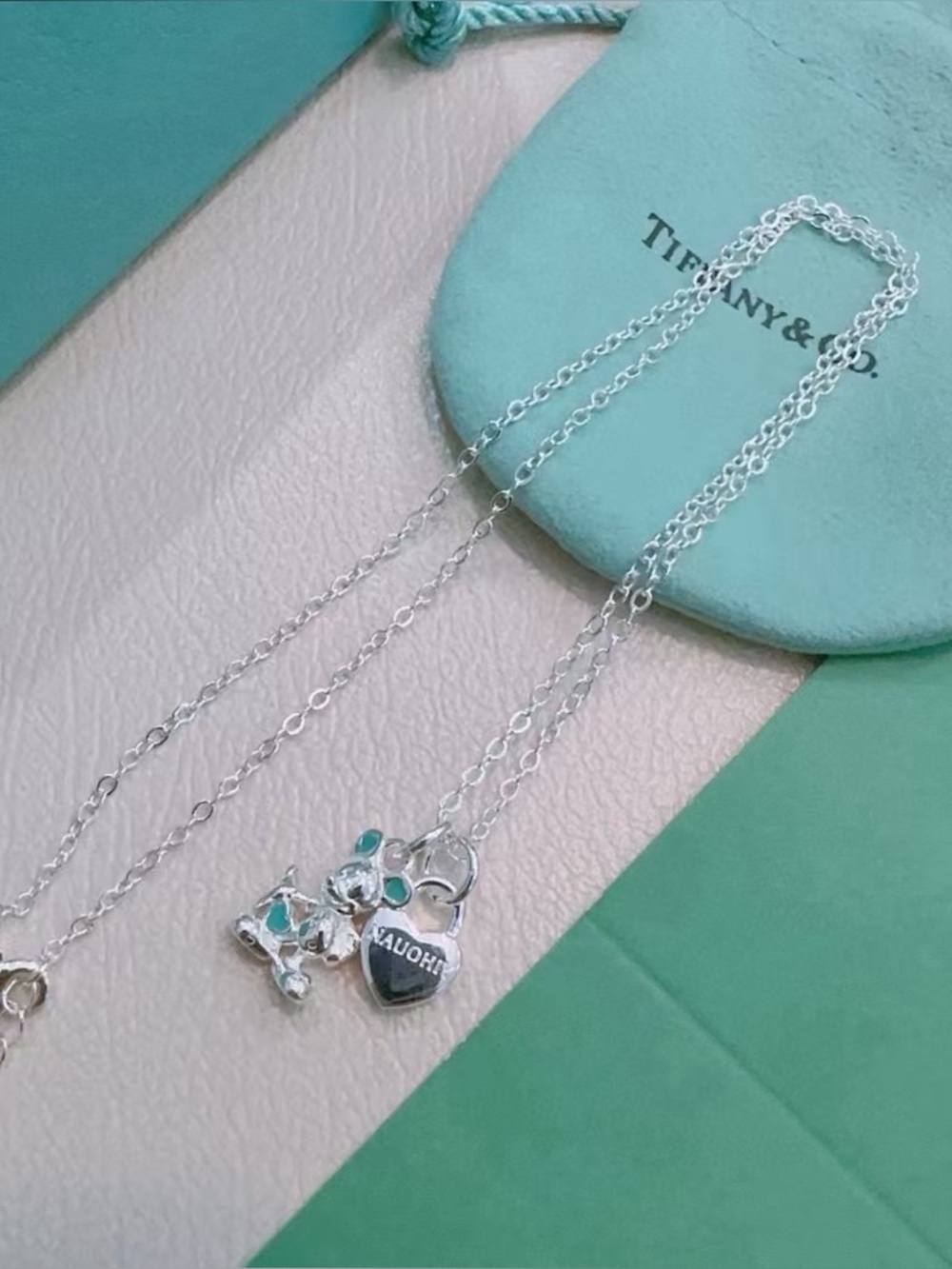 Tiffany & Coo Silver Heart and Teddy Charm Necklace